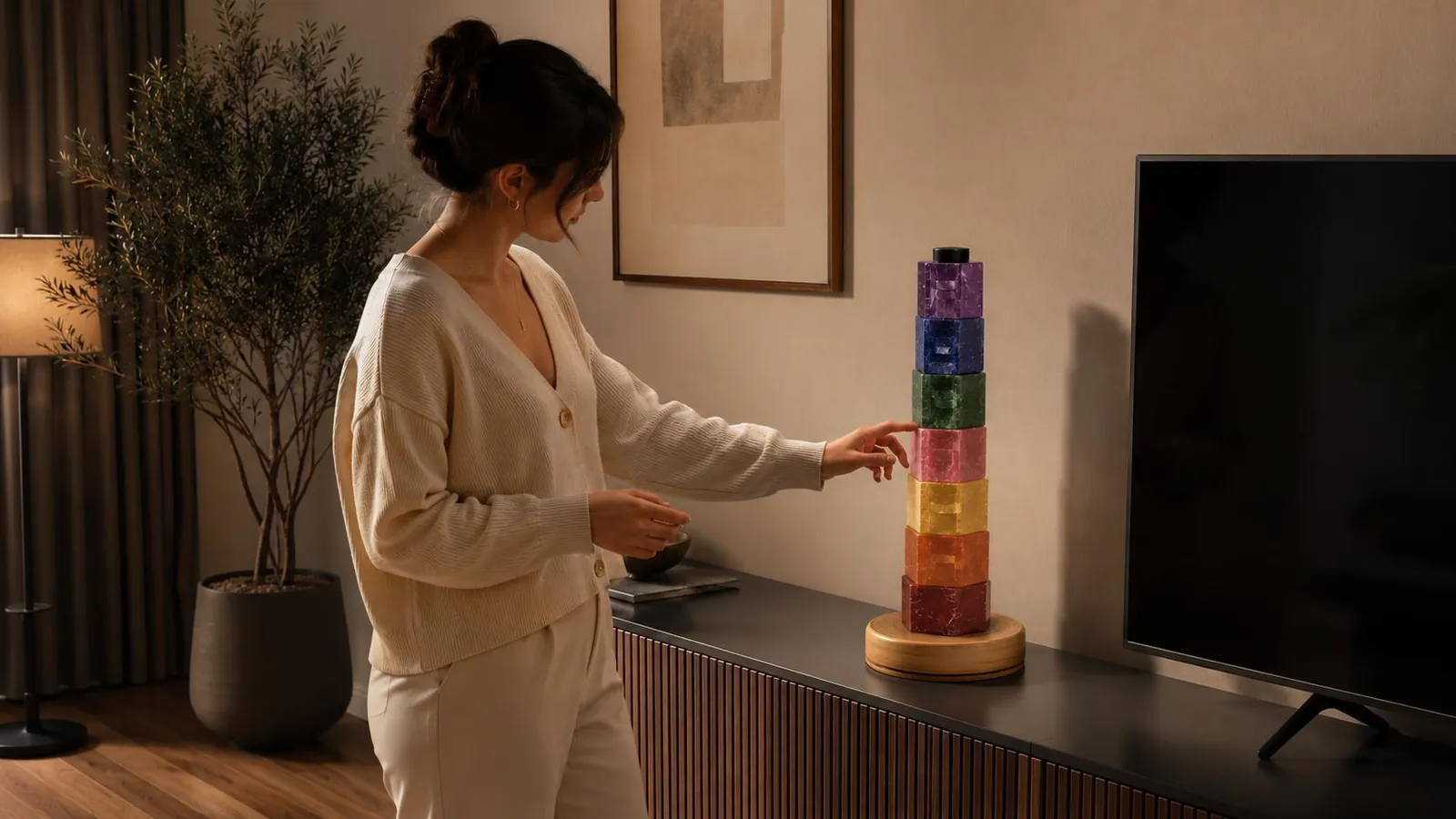 Oturma odasında bir kadın, TV ünitesinin üzerindeki ChakraLux'un modülüne uzanıyor.