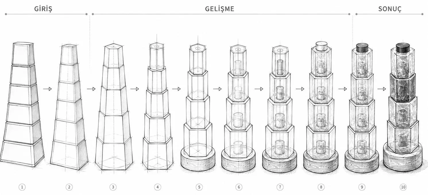 Giriş-gelişme-sonuç dizisi: düz kesik piramitten altıgen, ahşap tabanlı ve taş dolgulu nihai forma geçiş.