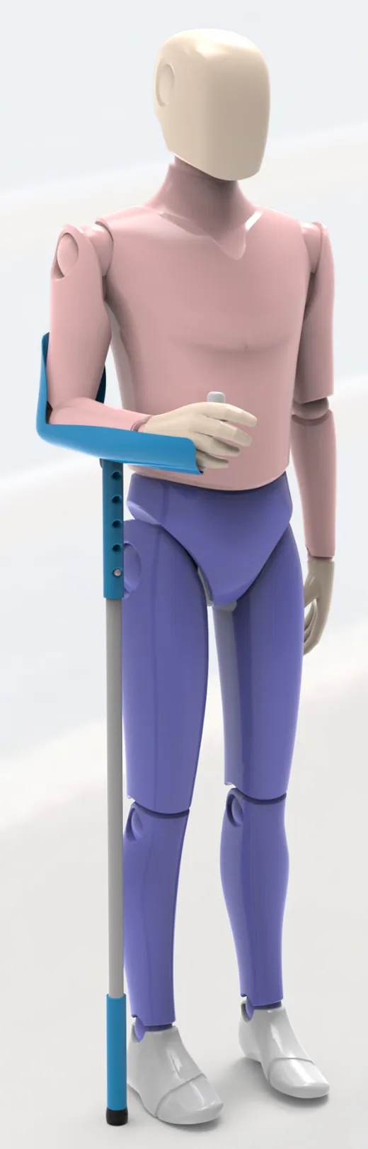 Tek kol destekli bastonu kullanan manken figür; render.