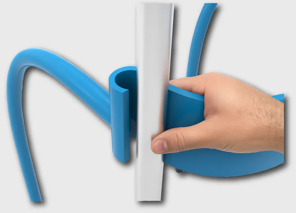 Bağlantı aparatının kancası bastonun borusuna takılıyor; render.