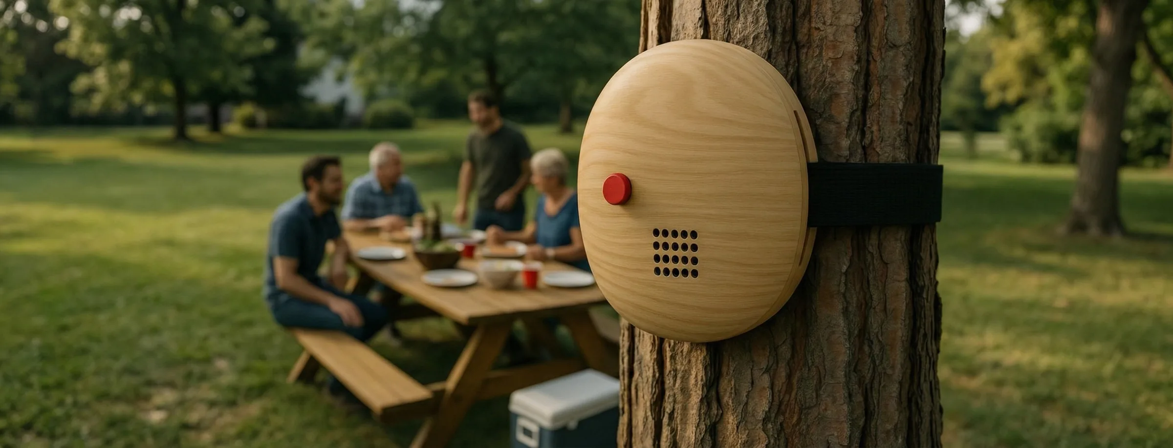 WoodSense render'ı: ahşap dokulu cihaz, piknik yapan bir grubun yanındaki ağaç gövdesine siyah kayışla sabitlenmiş.
